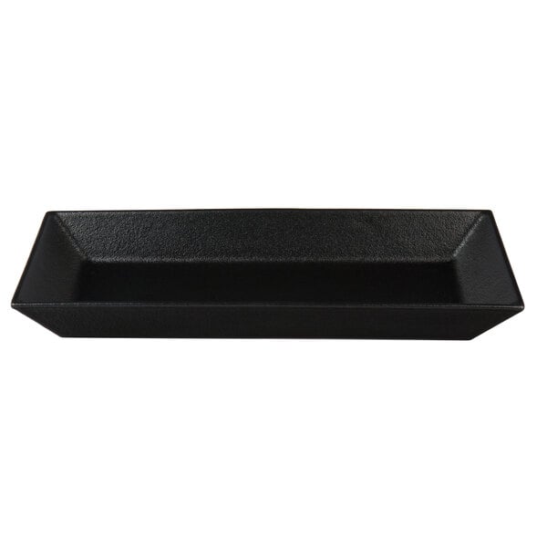 A black G.E.T. Enterprises Bugambilia rectangular metal platter.