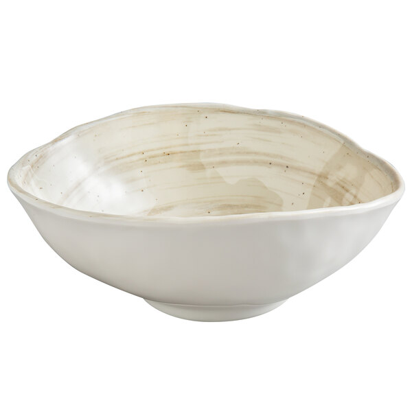 A white oval melamine bowl with a taupe rim.