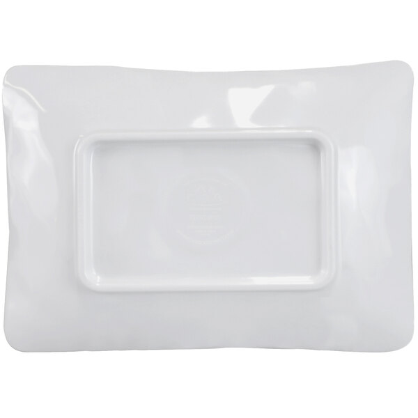 A white rectangular object with a rectangular label reading "Elite Global Solutions Van Gogh Navy Rectangular Melamine Plate"