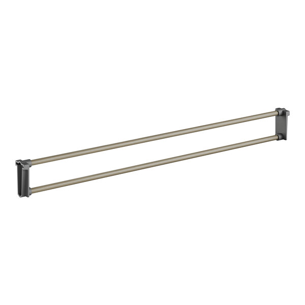 A white metal end shelf rail with a pair of metal rods.