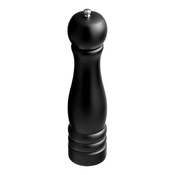 An Acopa matte black wooden salt/pepper mill with a silver top.