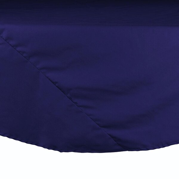 A navy blue Intedge round table cloth on a table.