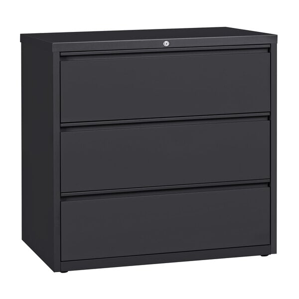 A black Hirsh Industries lateral file cabinet with three drawers.