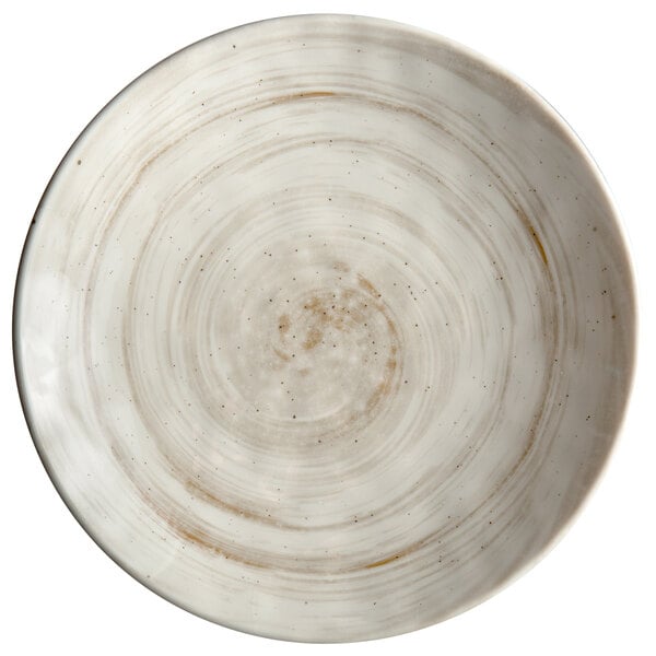 A white Elite Global Solutions round melamine plate with a taupe spiral pattern.