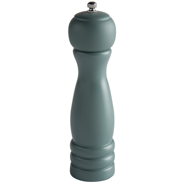 An Acopa steel blue wooden salt/pepper mill with a silver top.