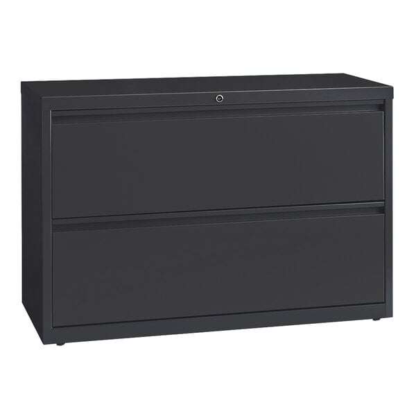 A charcoal Hirsh Industries lateral file cabinet with two drawers.