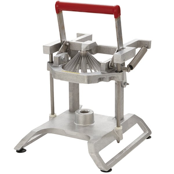 A Vollrath Redco InstaBloom II onion cutter with a red handle.