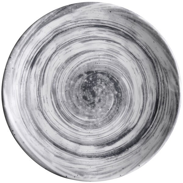 An Elite Global Solutions Van Gogh black melamine plate with white swirls.