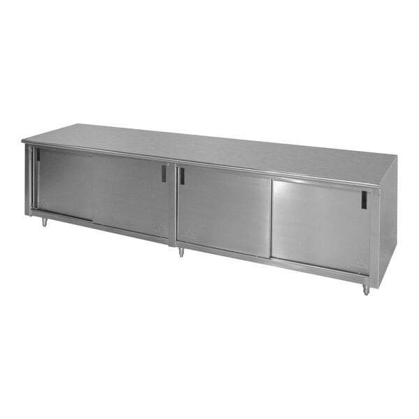 Advance Tabco CB-SS-3612 36" x 144" 14 Gauge Work Table with Cabinet Base and Mid Shelf