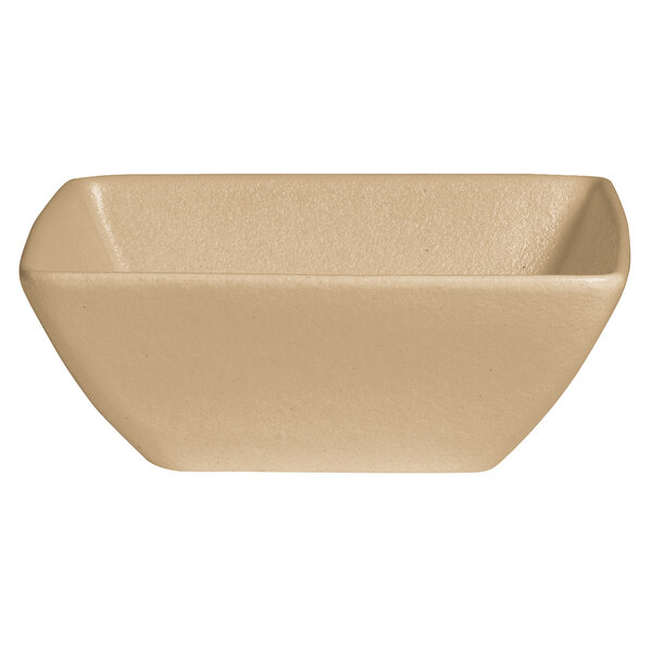 A beige square G.E.T. Enterprises Bugambilia resin-coated aluminum bowl.