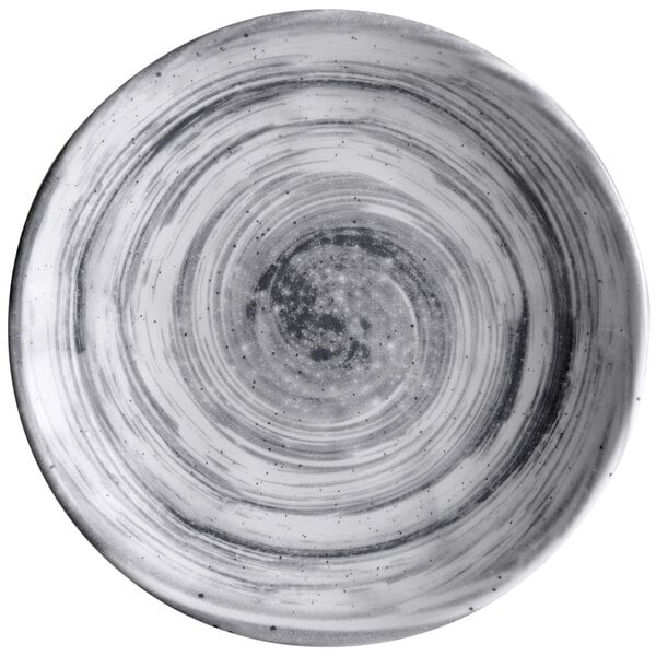 A close-up of a black Elite Global Solutions round melamine plate with swirls on it.