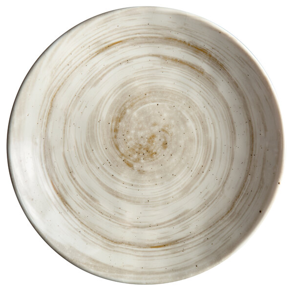 A white Elite Global Solutions melamine plate with a taupe spiral design.