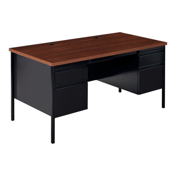 Hirsh 20101 Black / Walnut Double Pedestal Desk - 60" x 30" x 29 1/2"