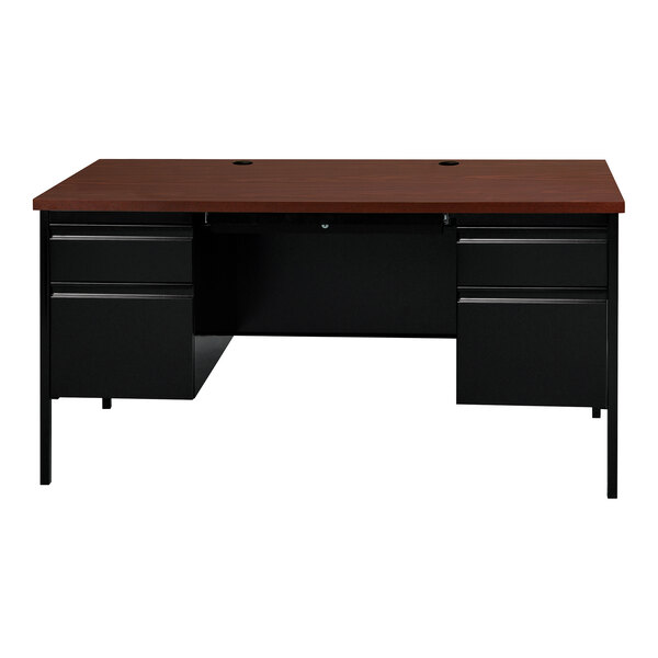 Hirsh 20101 Black / Walnut Double Pedestal Desk - 60" x 30" x 29 1/2"