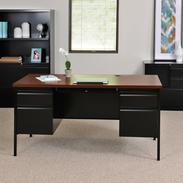 Hirsh 20101 Black / Walnut Double Pedestal Desk - 60" x 30" x 29 1/2"