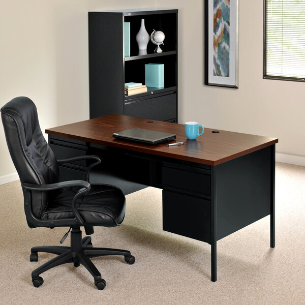 Hirsh 20101 Black / Walnut Double Pedestal Desk - 60" x 30" x 29 1/2"