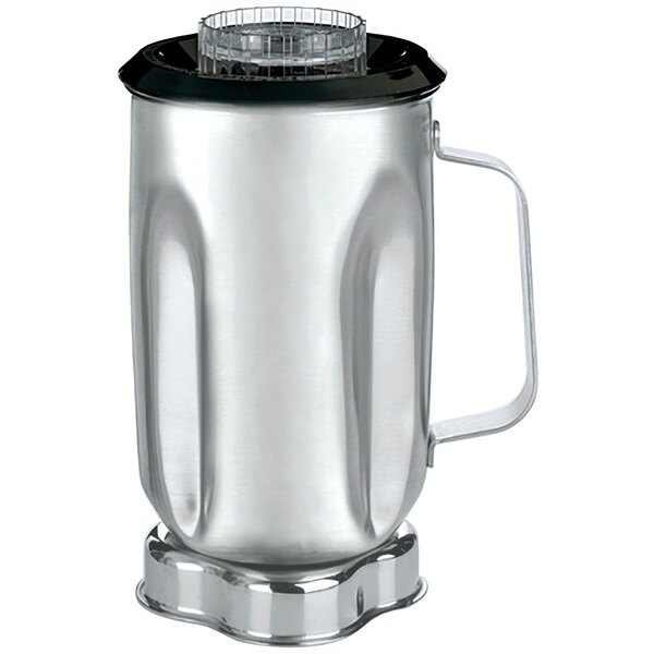 A silver metal Waring blender jar with a black lid and handle.