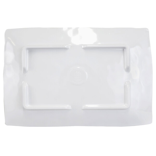 A white rectangular melamine plate with a blue Van Gogh design.