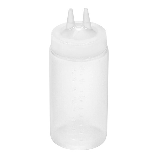 A translucent plastic squeeze bottle with a wide mouth and two pointed dispensing tips on the lid.