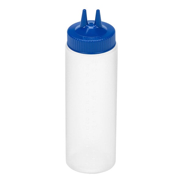 A clear plastic squeeze bottle with a blue cap featuring two pointed dispensing tips.