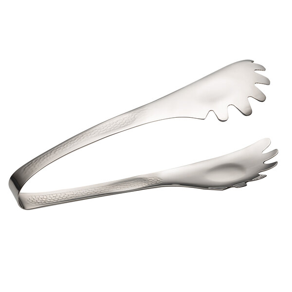 A pair of silver Bon Chef scalloped serving tongs with a hollow curved handle.