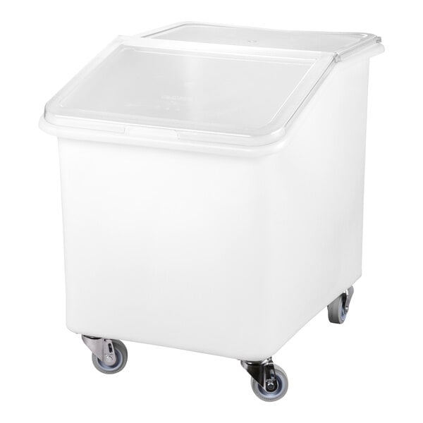 A white Cambro slant top ingredient storage bin with wheels and a lid.