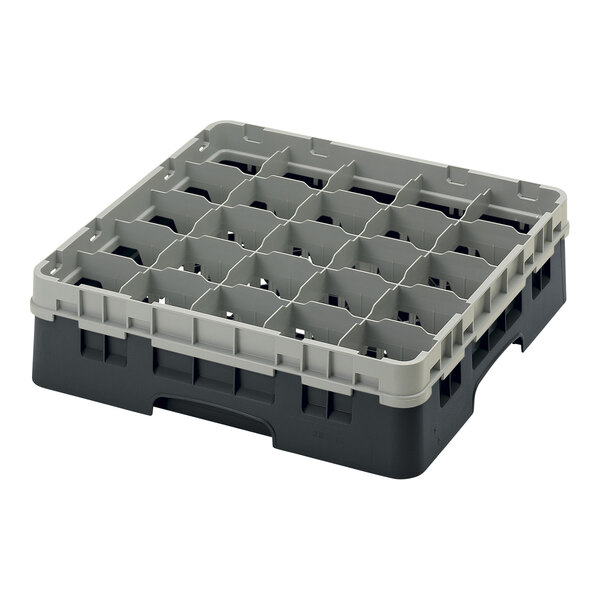 A black and grey plastic Cambro glass rack with many compartments.