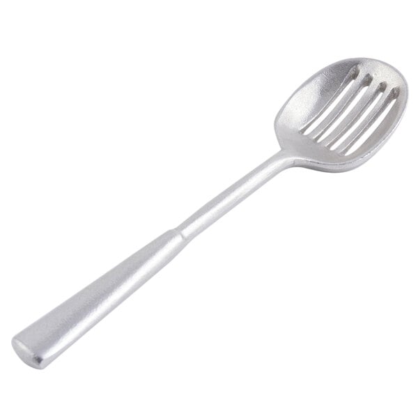 A Bon Chef silver slotted spoon with a pewter-glo finish and a handle.