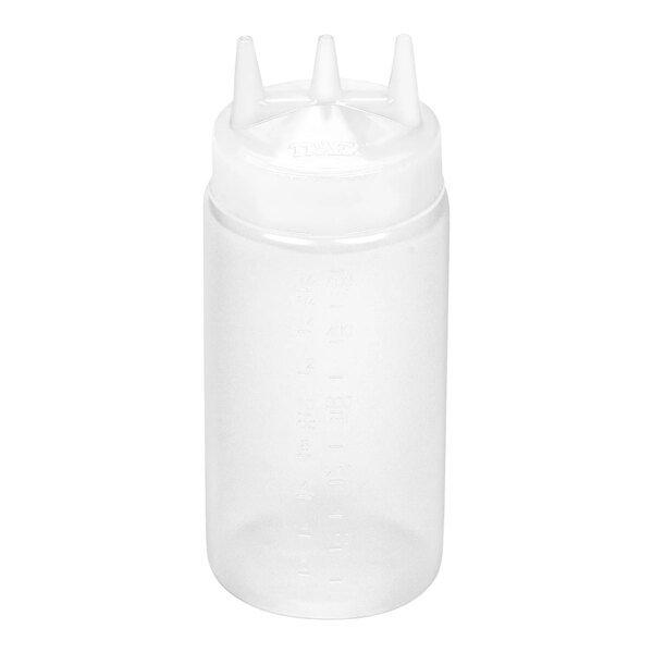 A translucent plastic squeeze bottle with a wide mouth and a white cap featuring three pointed dispensing tips.