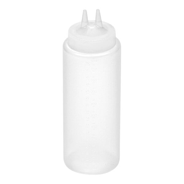 A clear plastic squeeze bottle with a wide mouth and two pointed dispensing tips on the cap.