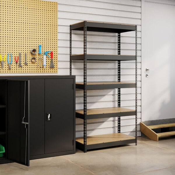 Hirsh 17127 36" x 18" x 72" Black Heavy-Duty Five-Shelf Boltless Shelving Unit with Particleboard Decking