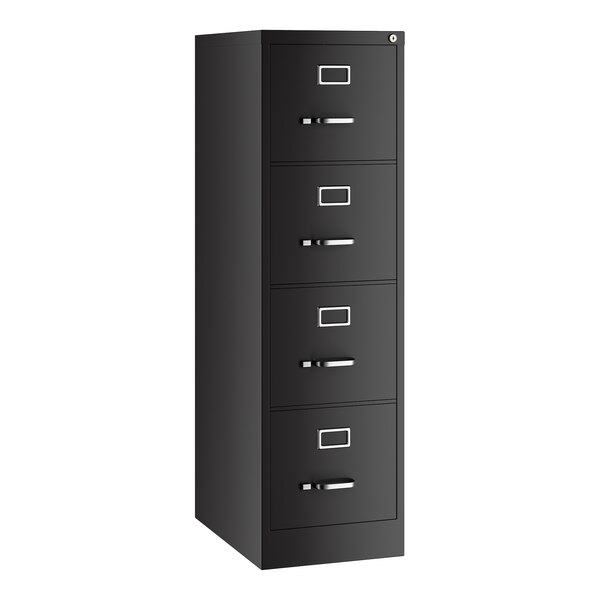 A black four-drawer vertical letter file cabinet with label holders and handles on each drawer.