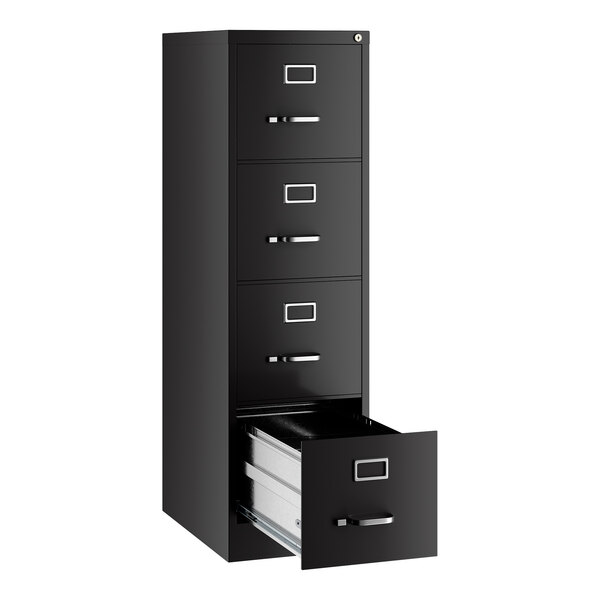 A black four-drawer vertical letter file cabinet with one drawer open.