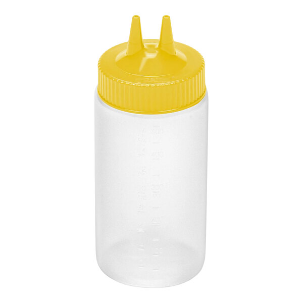A clear plastic squeeze bottle with a yellow cap featuring two pointed dispensing tips.