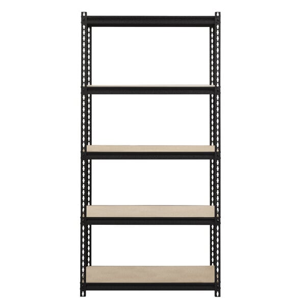 A black metal boltless shelving unit with particleboard shelves.