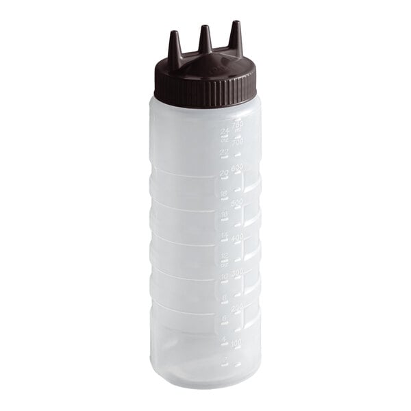 A clear 24 oz. squeeze bottle with measurement markings and a brown tri-tip wide mouth cap.