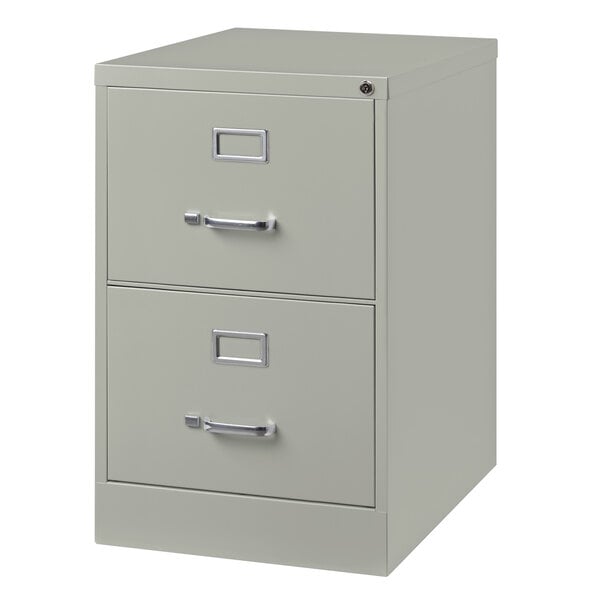 A gray Hirsh Industries two-drawer vertical legal file cabinet.