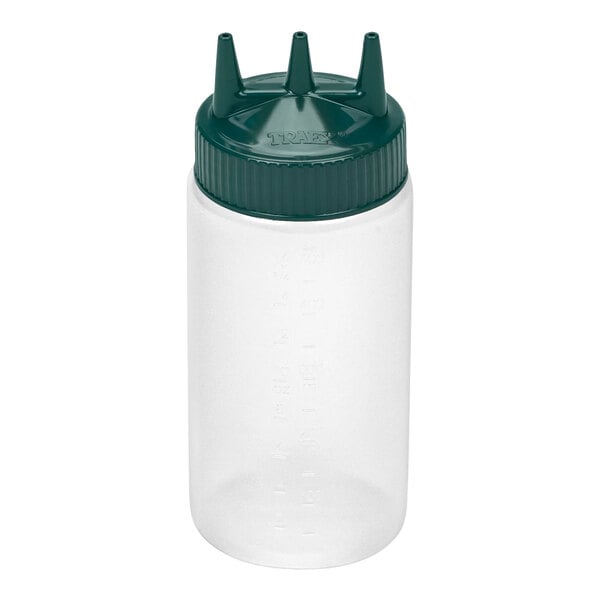 A clear plastic squeeze bottle with a wide mouth and a green cap featuring three pointed dispensing tips.