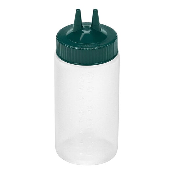 A clear plastic squeeze bottle with a wide mouth and a green cap featuring two pointed dispensing tips.
