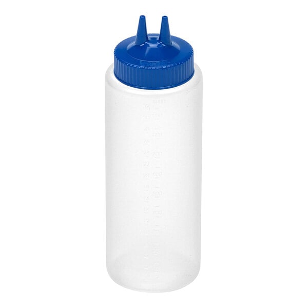 A clear plastic squeeze bottle with a blue cap featuring two pointed dispensing tips.