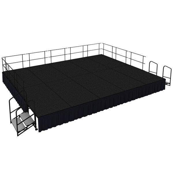 A black National Public Seating stage with black skirting.