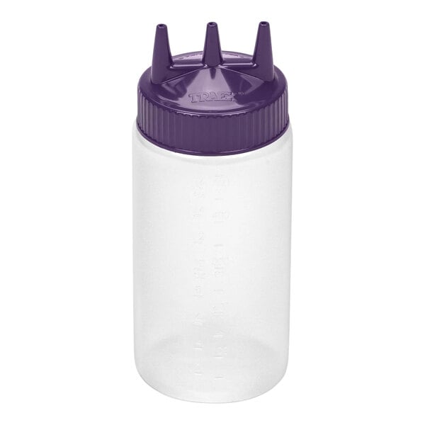A clear plastic squeeze bottle with a wide mouth and a purple cap featuring three pointed spouts.
