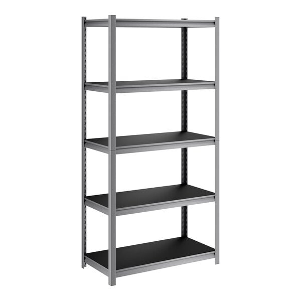 A heavy-duty five-shelf boltless shelving unit with a gunmetal gray frame and black laminated decking.