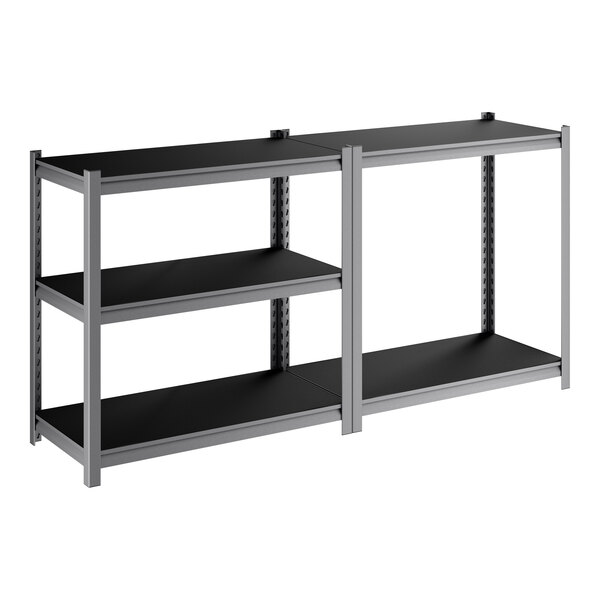 A heavy-duty gunmetal gray shelving unit with five black laminated shelves.