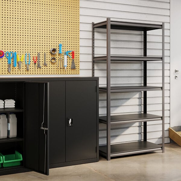 Hirsh 20996 36" x 18" x 72" Gunmetal Gray Heavy-Duty Five-Shelf Boltless Shelving Unit with Black Laminated Decking