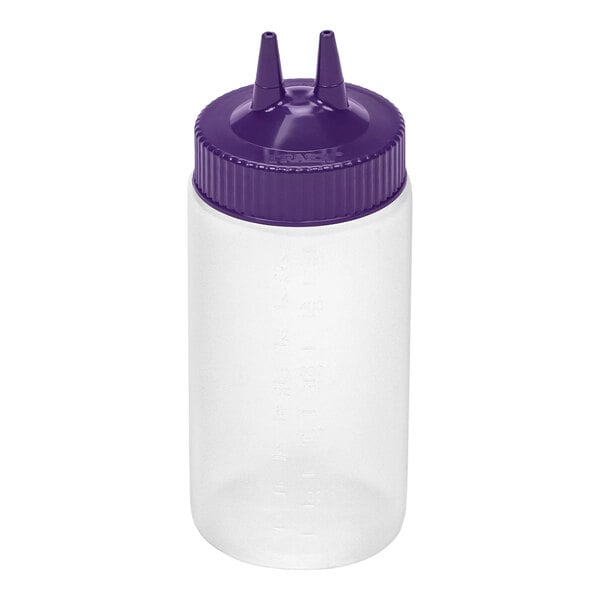 A clear plastic squeeze bottle with a wide mouth and a purple cap featuring two pointed dispensing tips.