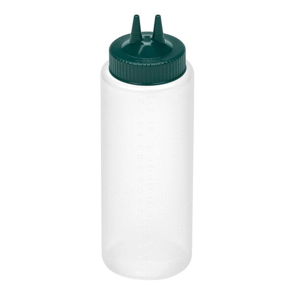 A clear plastic squeeze bottle with a wide mouth and a green cap featuring two pointed dispensing tips.