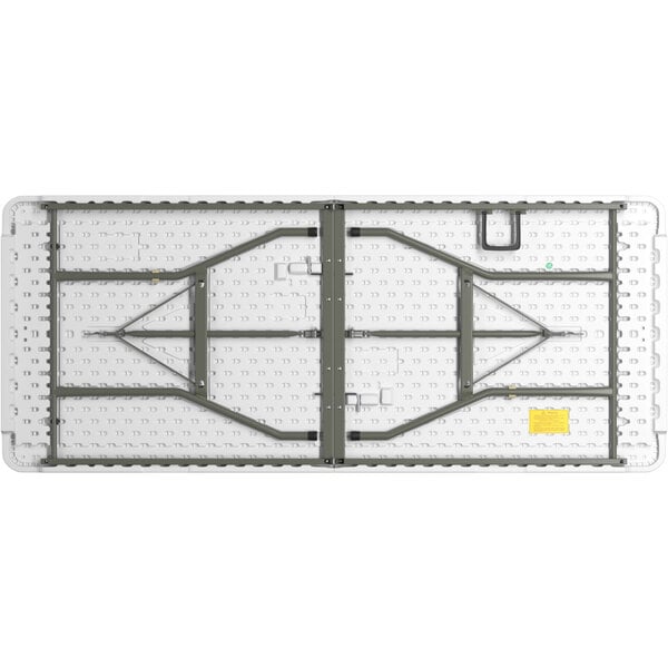 A Lancaster Table & Seating white plastic bi-folding table with metal frame.