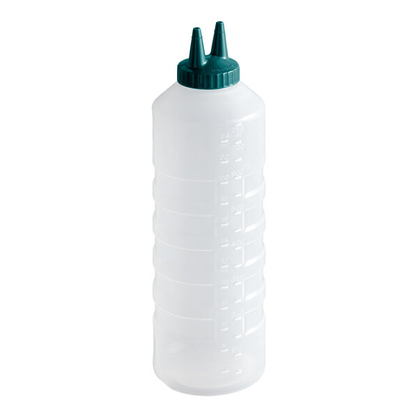 A clear 24 oz. plastic squeeze bottle with measurement markings and a green twin tip cap.