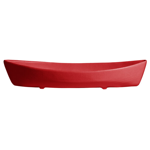 A red G.E.T. Enterprises Bugambilia deep boat on a white background.